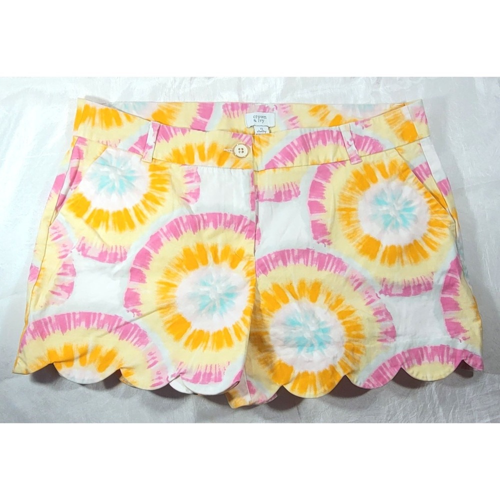 Crown & Ivy Women's Shelby Scallop Hem Tie Dye Chino Shorts - Pink/Yellow - 12